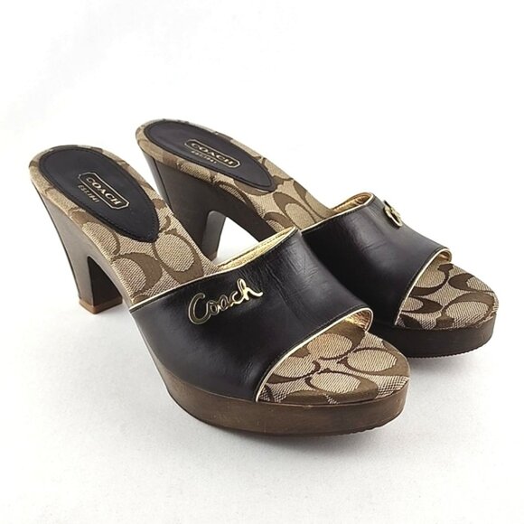 Coach Kathie Slides Dark Brown Leather Signature Log Mid Heel Size 8.5B - Picture 2 of 16